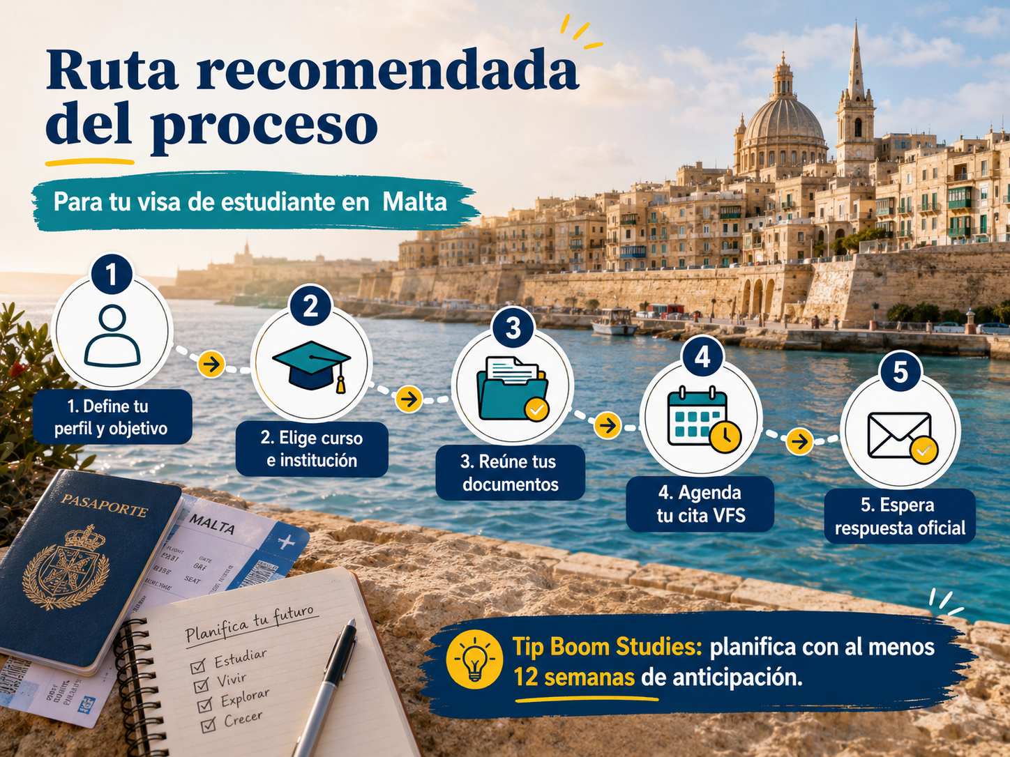 Ruta recomendada para aplicar a visa de estudiante en Malta desde Colombia