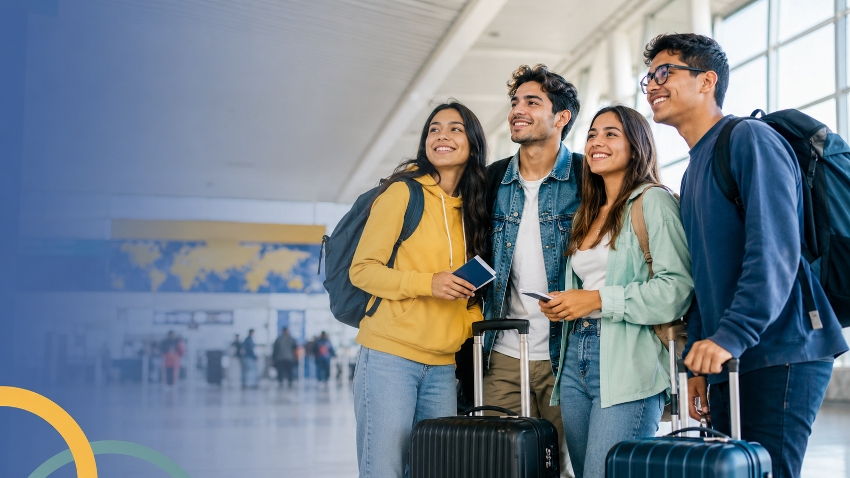 Grupo de jóvenes viajeros en aeropuerto listos para comenzar su experiencia internacional
