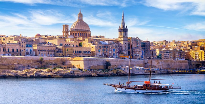 Malta - Mediterranean travel destination, Marsamxett Harbour and Valletta with Cathedral of Saint Paul